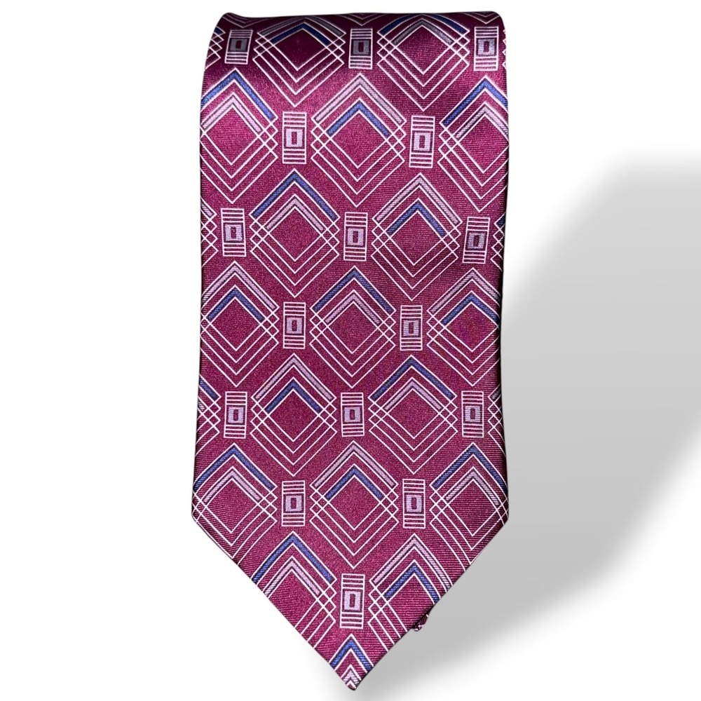 Oscar de la Renta Necktie Mens OS Burgundy Geometric Diamond Silk Made in USA